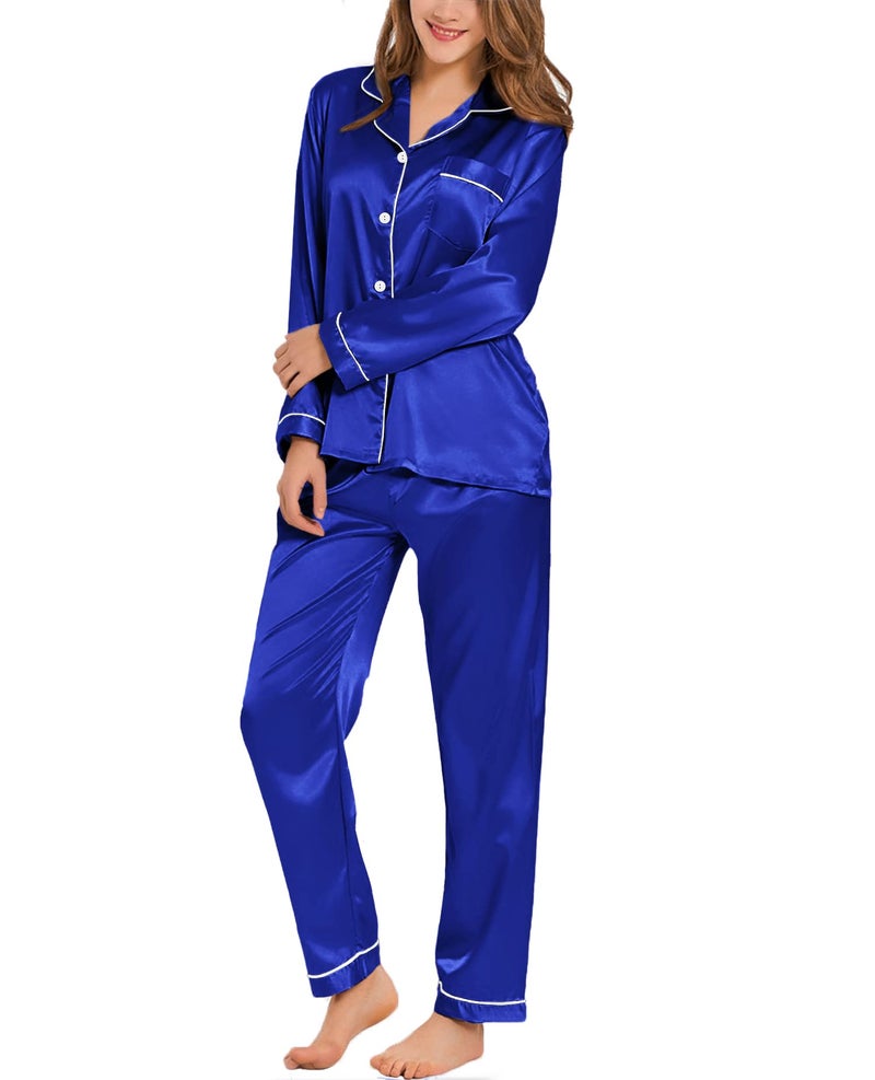 SWOMOG Womens Silk Satin Pajamas Long Sleeve Loungewear Two-Piece Sleepwear Button-Down Pj Set Blue - Image 1
